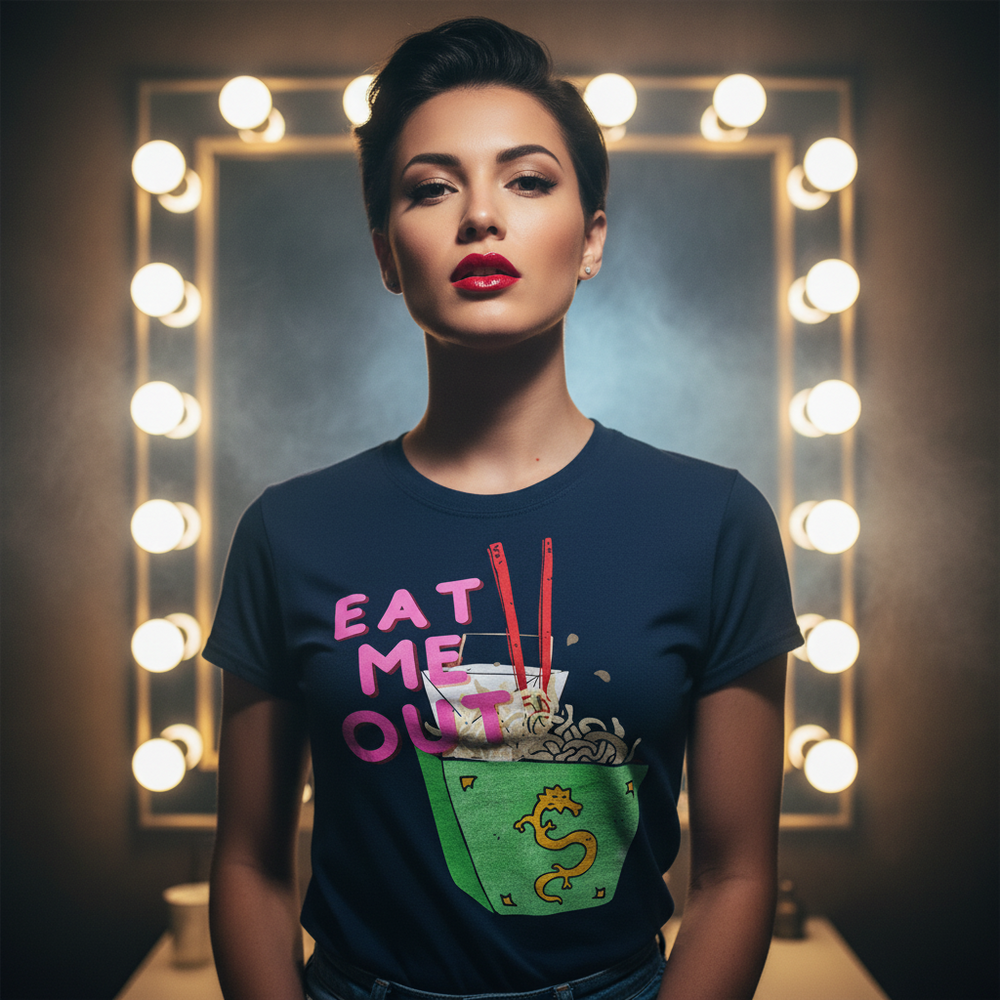 Eat Me Out T-Shirt: soft cotton, rainbow "EAT ME OUT" slogan, takeout box and chopsticks. Queer femme by vanity mirror.