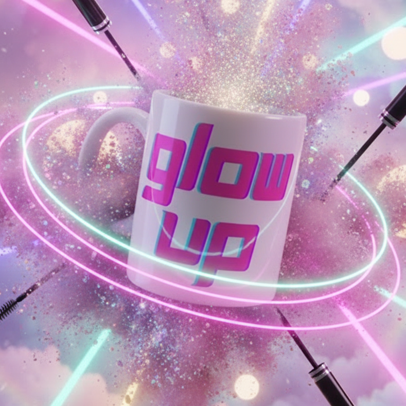 White mug with magenta and teal “glow up” lettering amid neon lights and glitter