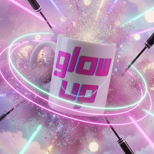 White mug with magenta and teal “glow up” lettering amid neon lights and glitter