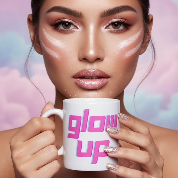 Young woman with dewy makeup holds a Glow Up Mug in bold pink-and-blue lettering, showcasing queer pride and empowerment. Her sparkly nails and the dreamy backdrop radiate joyful self-expression.