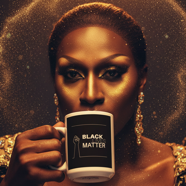 Black woman in gold-sequined outfit holding a Black Lives Matter mug with a raised-fist icon, embodying empowerment and visibility. The mug, designed for Queer In The World, celebrates LGBTQIA+ pride.
