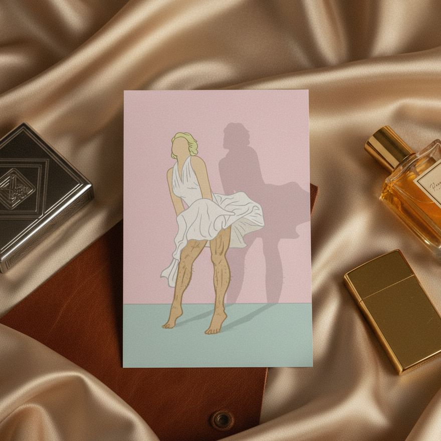 Daddy Monroe Postcard shows a queer icon in a white dress on satin, blonde hair, classic pose; gold perfume, lighter, leather, black box.