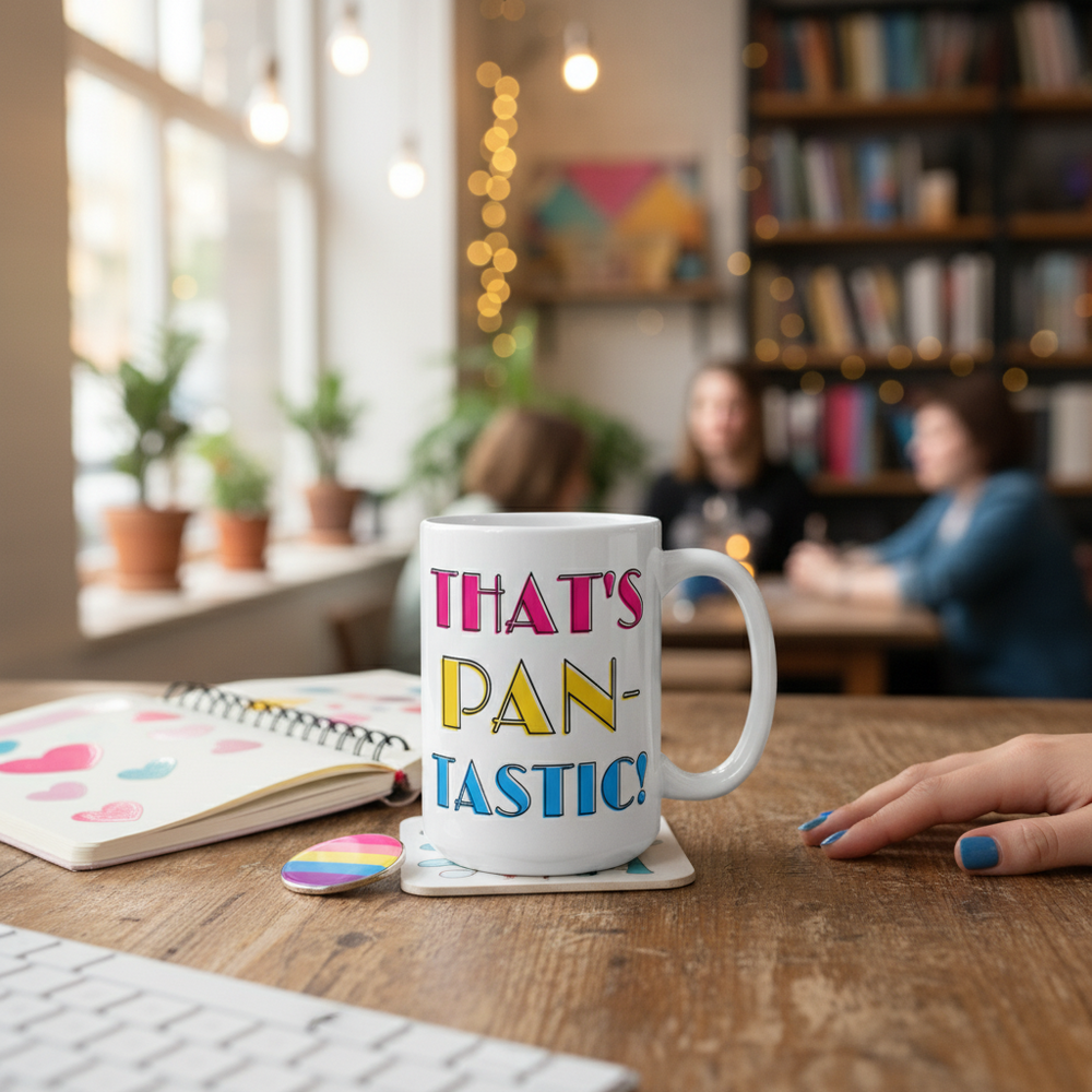 White ceramic mug reading “THAT’S PAN-TASTIC!” on a desk beside a pansexual pride pin