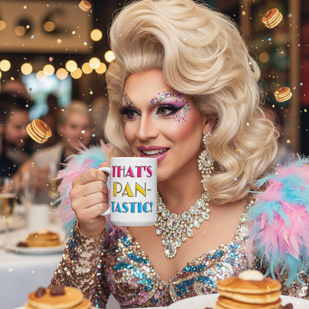 Drag performer holding a white mug reading “THAT’S PAN-TASTIC!”