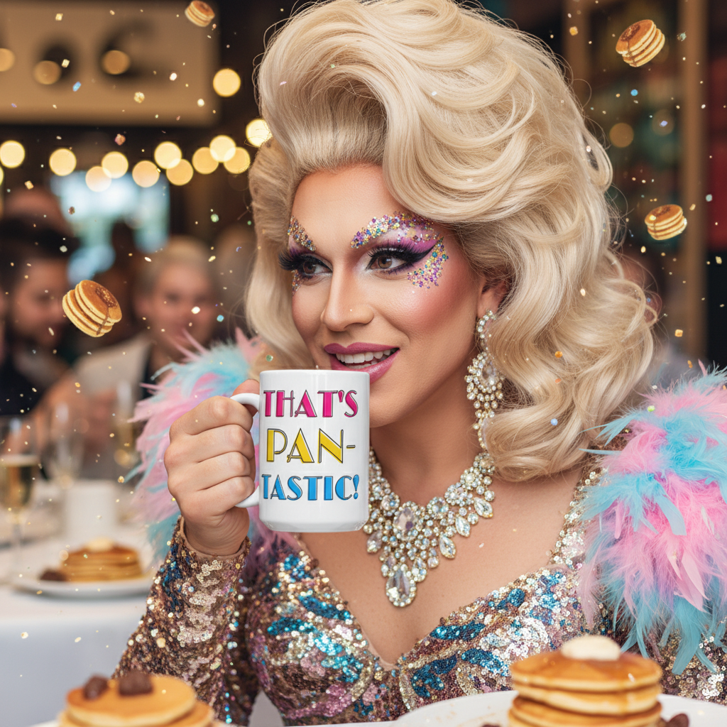 A drag performer, dazzling in a sequin gown, holds a That's Pan-Tastic! Mug amidst pancakes at a lively brunch, embodying Queer In The World's vibrant, inclusive celebration of LGBTQIA+ pride.