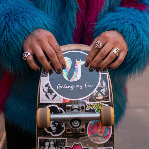 Skateboard covered in Feeling My Fox Bubble-Free Stickers, held by someone in rings, dark nail polish, and a blue-magenta furry jacket.