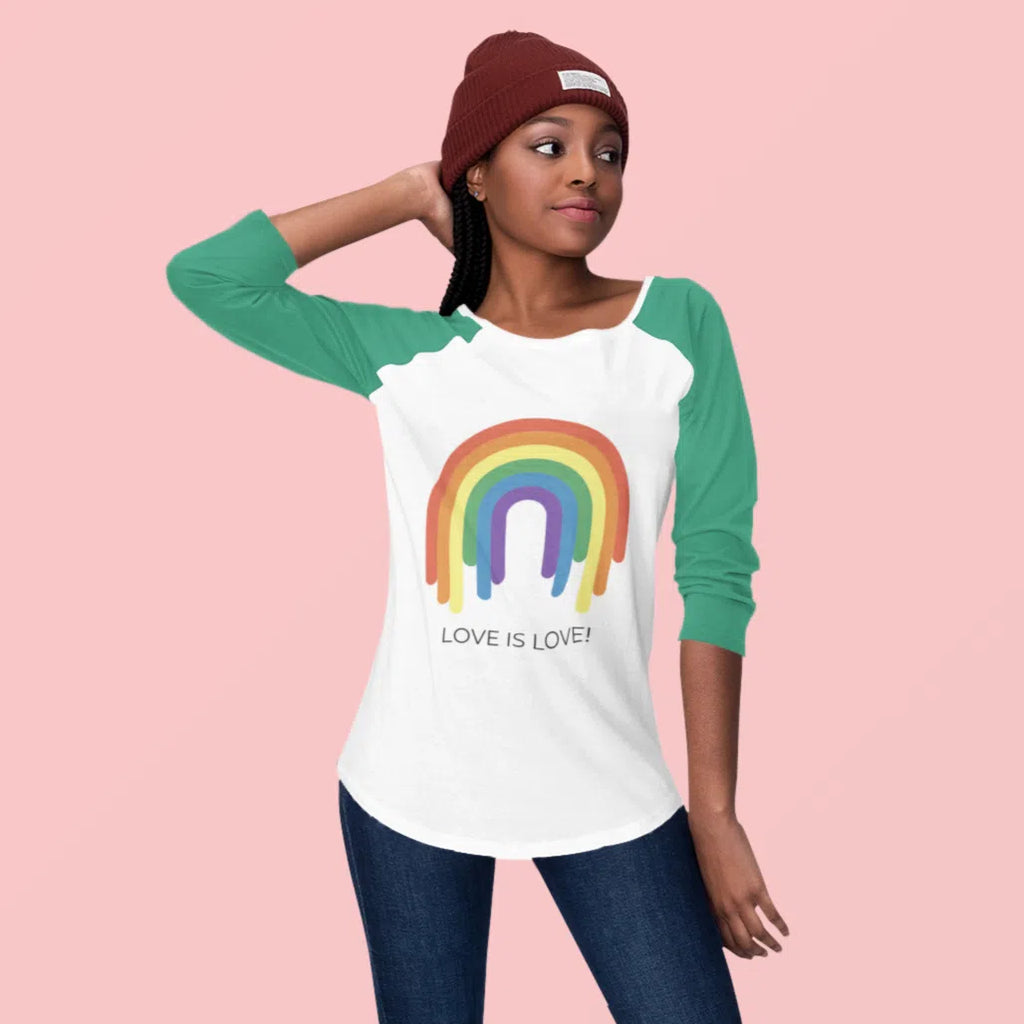 White/Black Love Is Love 3/4 Sleeve Raglan Shirt by Queer In The World Originals sold by Queer In The World: The Shop - LGBT Merch Fashion