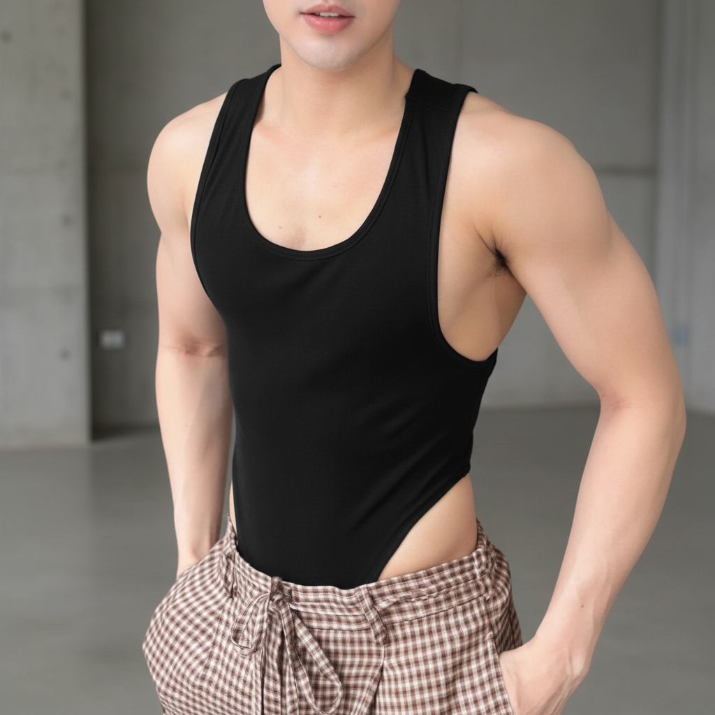 Person in a solid-colour modal wide-shoulder leotard and high-waisted brown plaid pants stands by a concrete wall