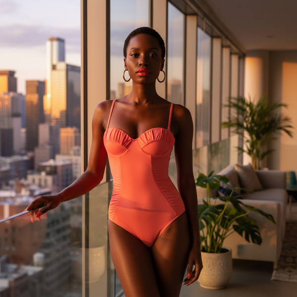Front-facing model wearing a coral one-piece swimsuit in a high-rise room