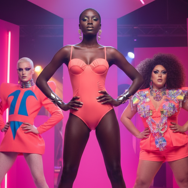 Three LGBTQ+ models in neon lighting: center in peach Modernist One Piece Swimsuit