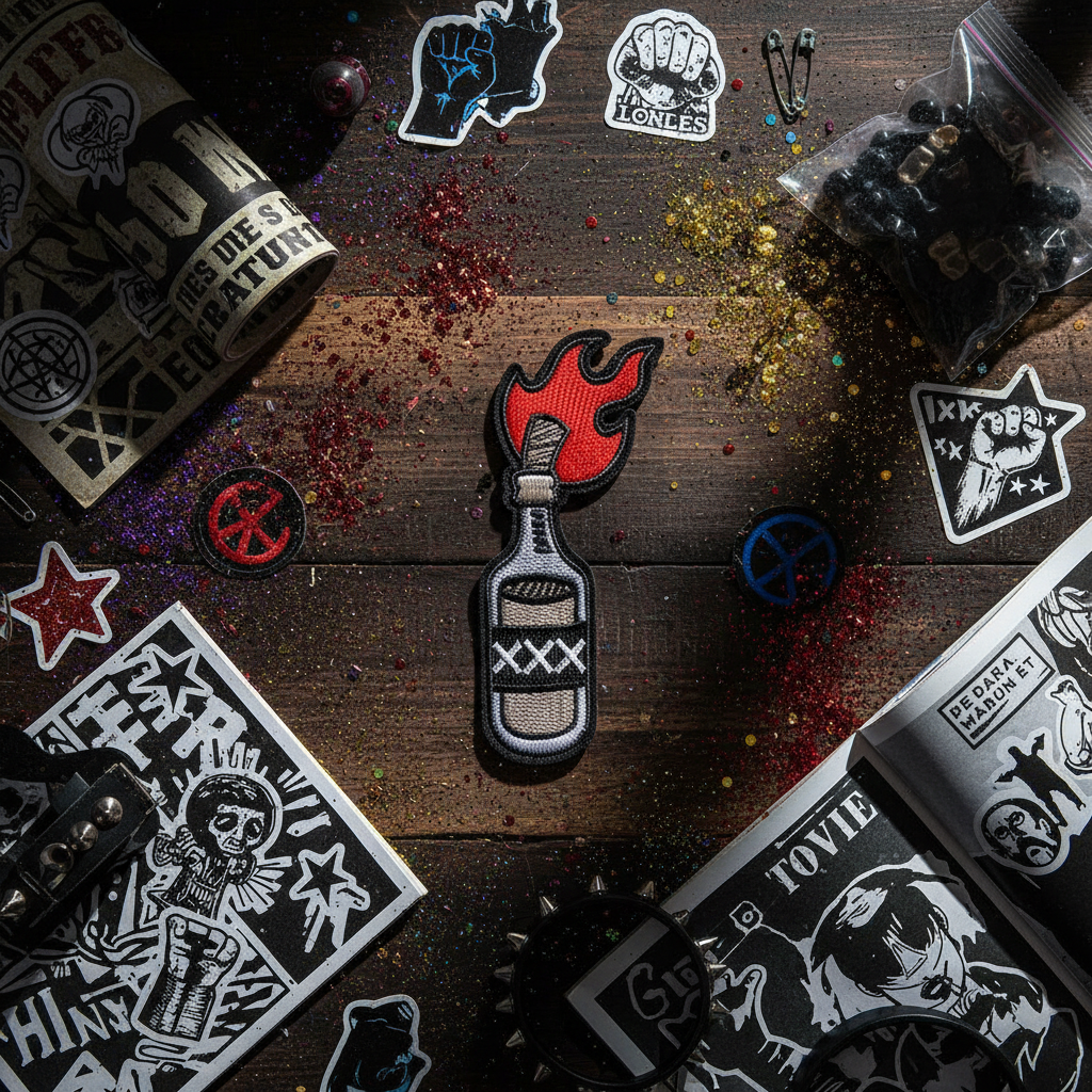 Molotov Cocktail iron-on embroidered patch labeled "XXX" on a dark wood table with punk stickers, glitter, pins