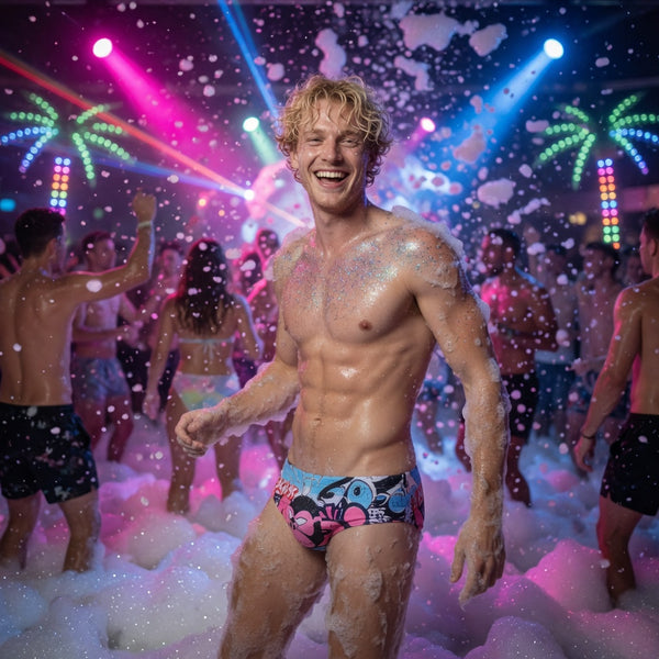 Model wearing colorful graphic swim briefs at a neon-lit foam party