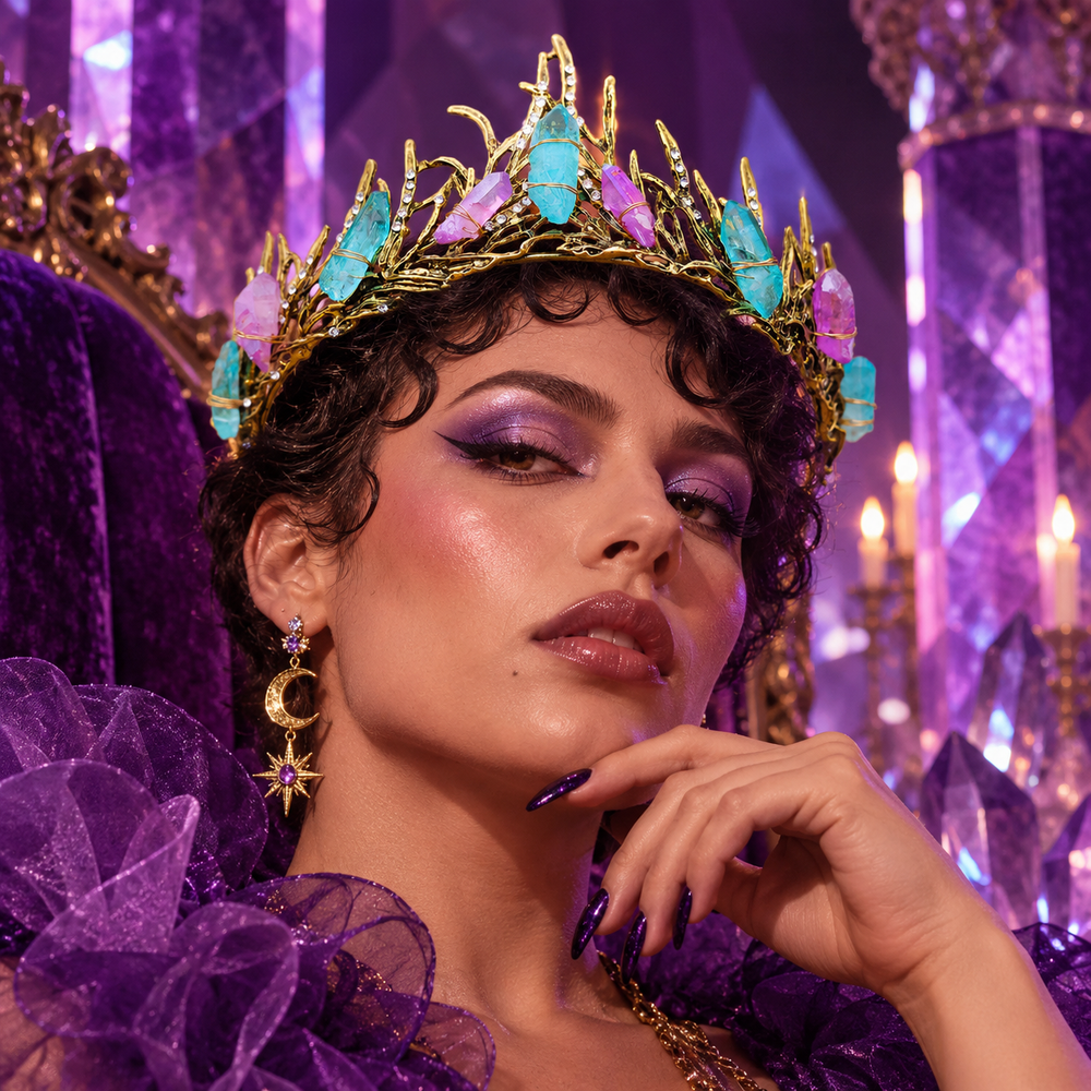 Moonstruck Amethyst Crystal Crown with turquoise and violet stones in a theatrical purple ARTPOP CHAOS portrait
