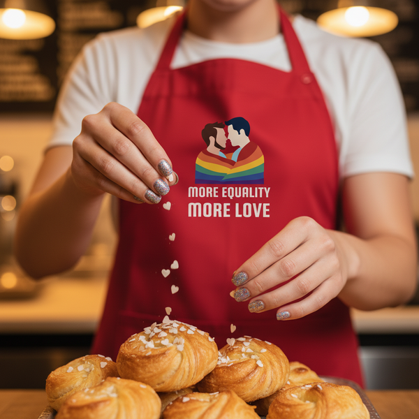 Red apron with rainbow embracing-couple graphic and “MORE EQUALITY MORE LOVE” text