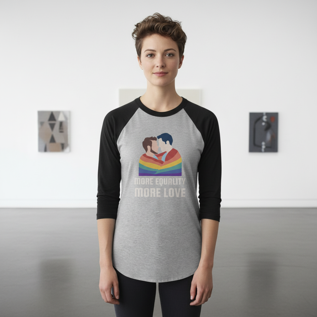 More Equality More Love 3/4 sleeve raglan shirt, rainbow heart, two figures hugging, “MORE EQUALITY MORE LOVE” slogan