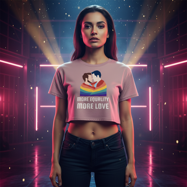 More Equality More Love crop top with two people kissing above rainbow stripes and 