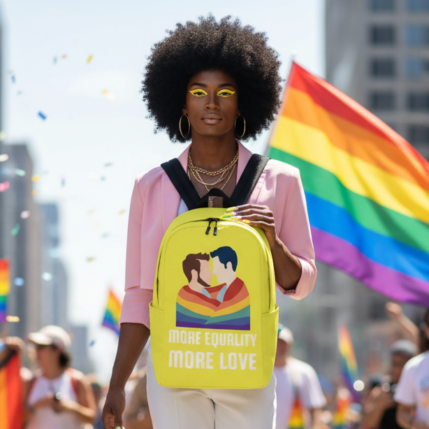 Minimalist backpack reading "More Equality More Love" with hugging figures