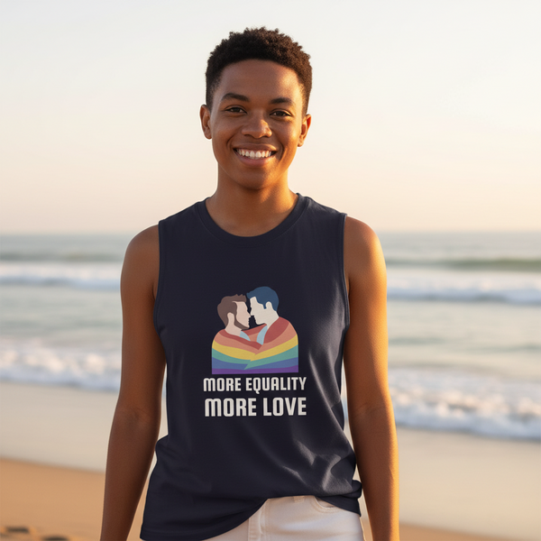 More Equality More Love muscle top with two people kissing over a rainbow heart and “MORE EQUALITY MORE LOVE” slogan