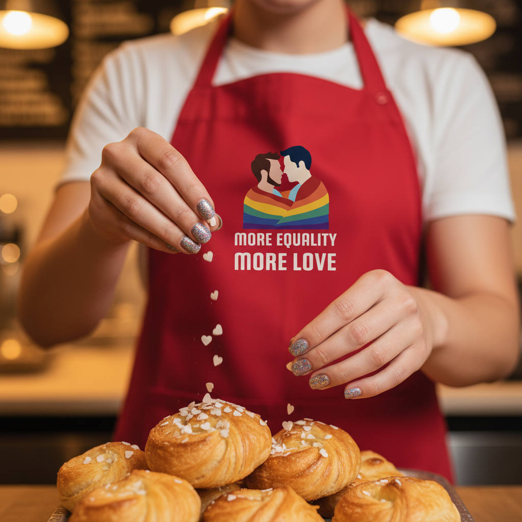 Red apron with rainbow embracing-couple graphic and “MORE EQUALITY MORE LOVE” text