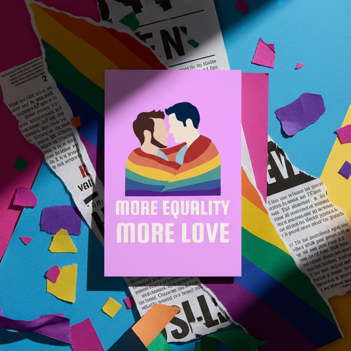 More Equality More Love postcard: two people hug under a rainbow flag on pink