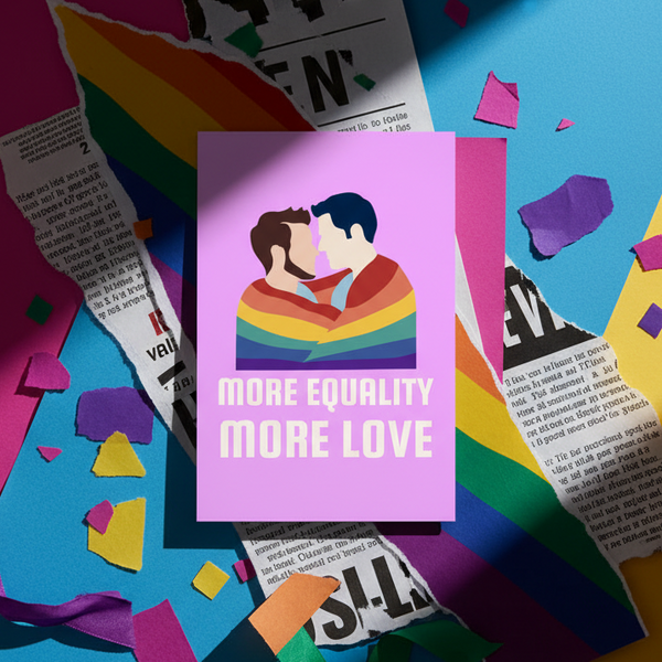 More Equality More Love postcard: two people hug under a rainbow flag on pink