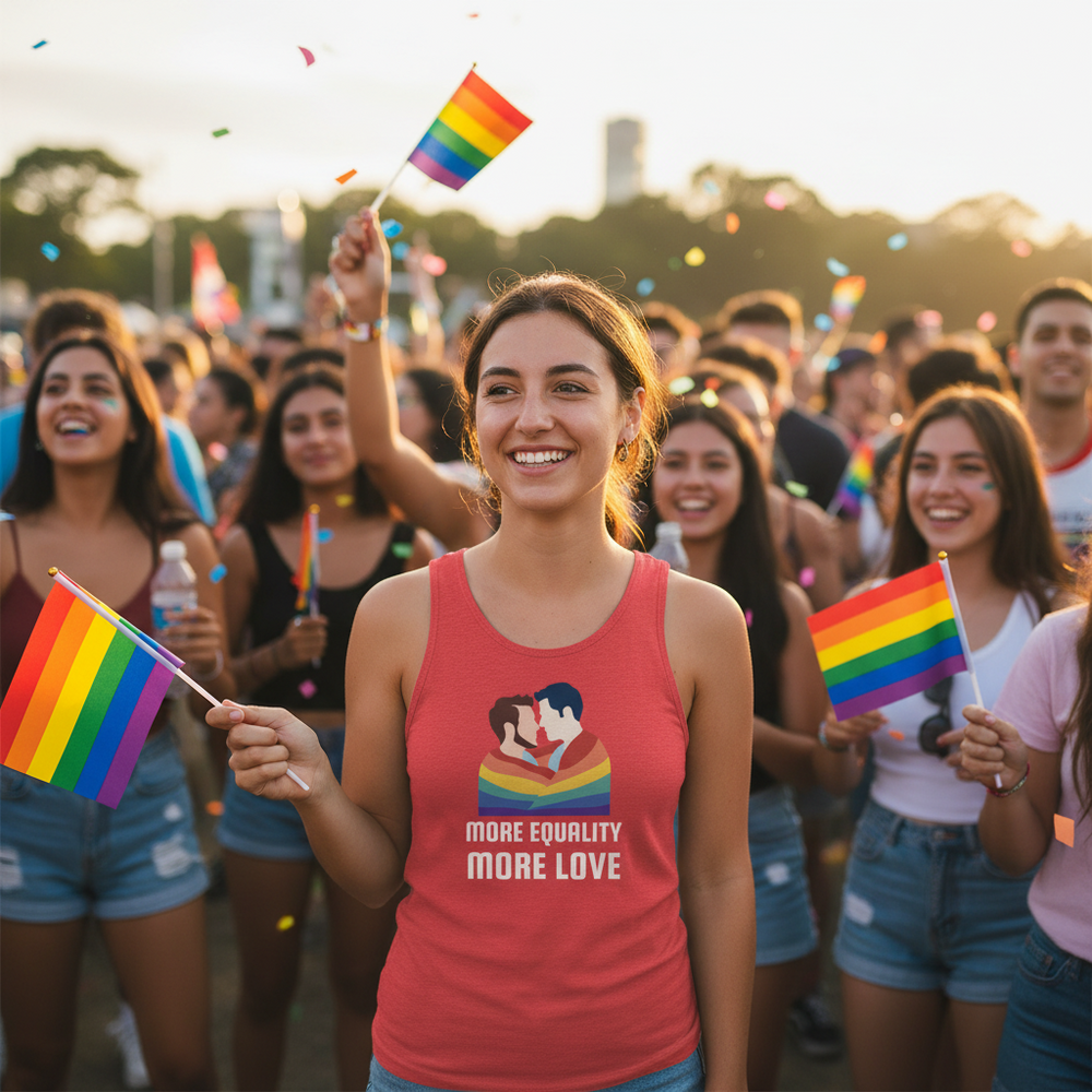 More Equality More Love Unisex Tank Top on a person at Pride, rainbow flag in hand
