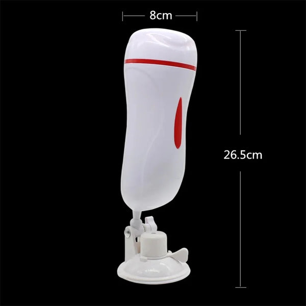 White mountable male masturbator with red accents, shown upright with 8 cm width and 26.5 cm height labels