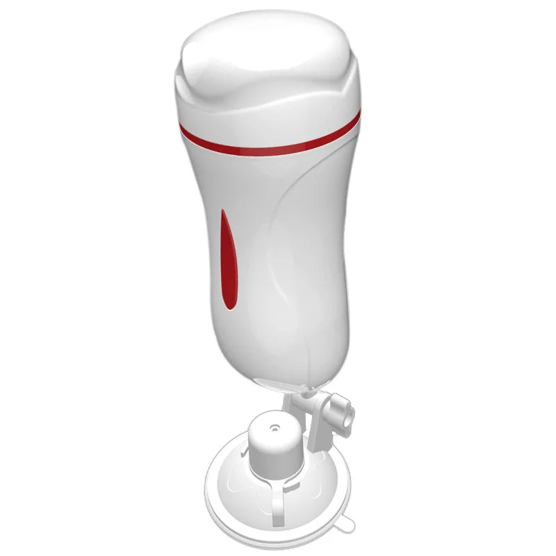 White and red male masturbator on an adjustable swivel suction-cup base