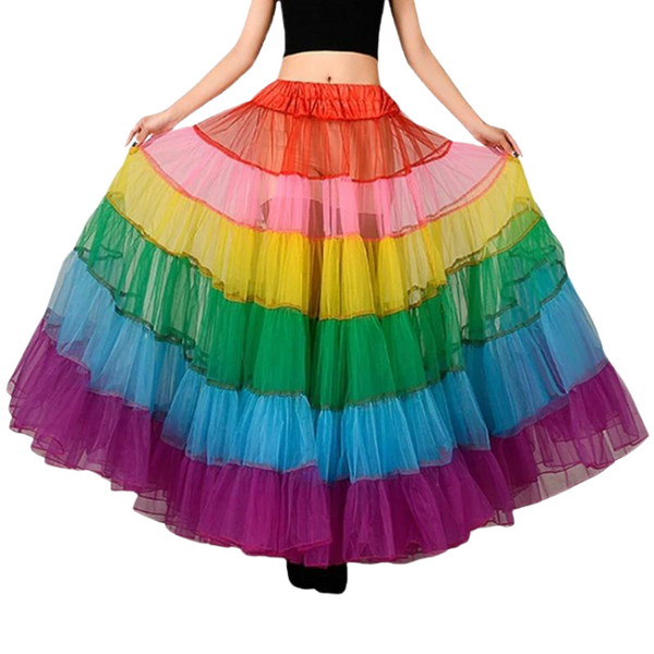 Front view of a model wearing a full rainbow-striped tiered tulle tutu skirt