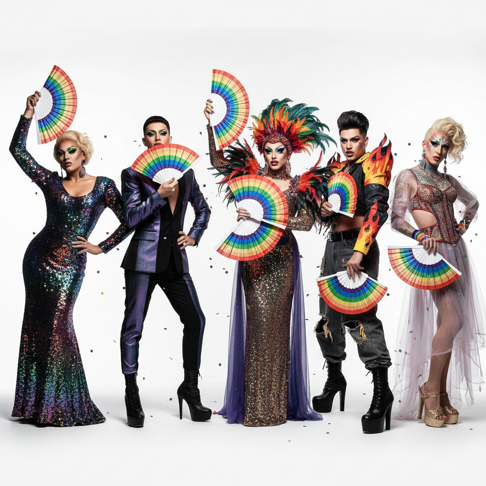 Five drag queens in vibrant outfits pose with 10-Pack Rainbow Folding Hand Fans