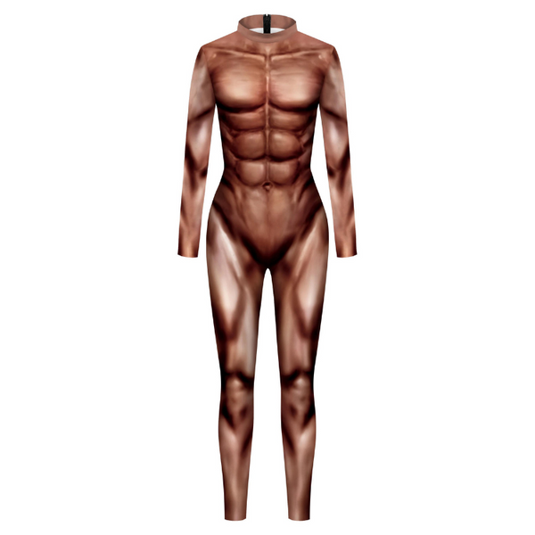 Front-facing full-body nude male muscle-print bodysuit with long sleeves and mock neck