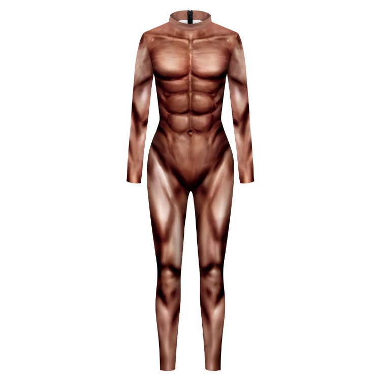 Front-facing full-body nude male muscle-print bodysuit with long sleeves and mock neck