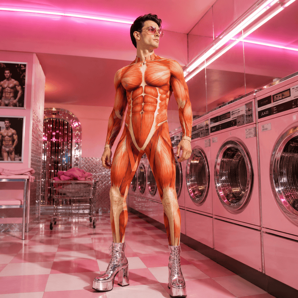 Front-facing model wears a nude muscle-print bodysuit in a pink laundromat