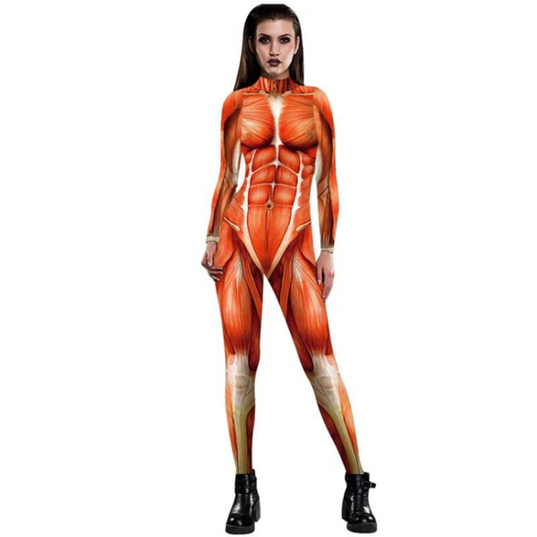 Front-view model wearing a full-body nude muscle anatomy bodysuit with black ankle boots