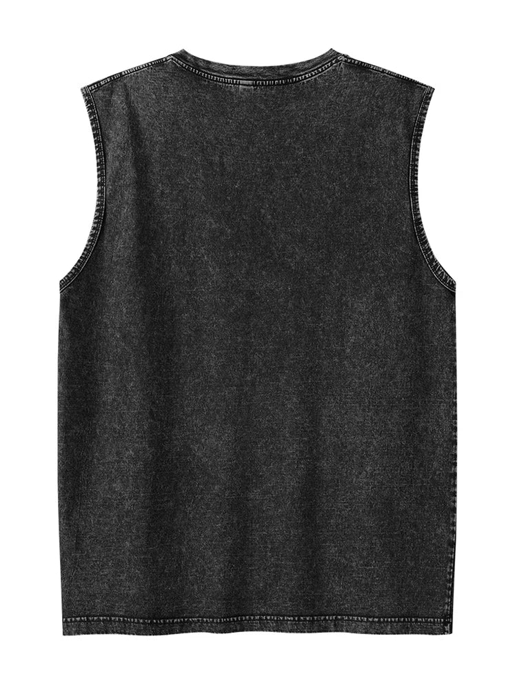Flat-lay back view of a charcoal gray muscle tank top with raw-edge armholes