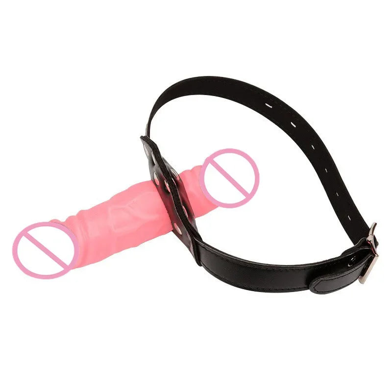 Black adjustable strap with a pink dildo-shaped mouth gag attached