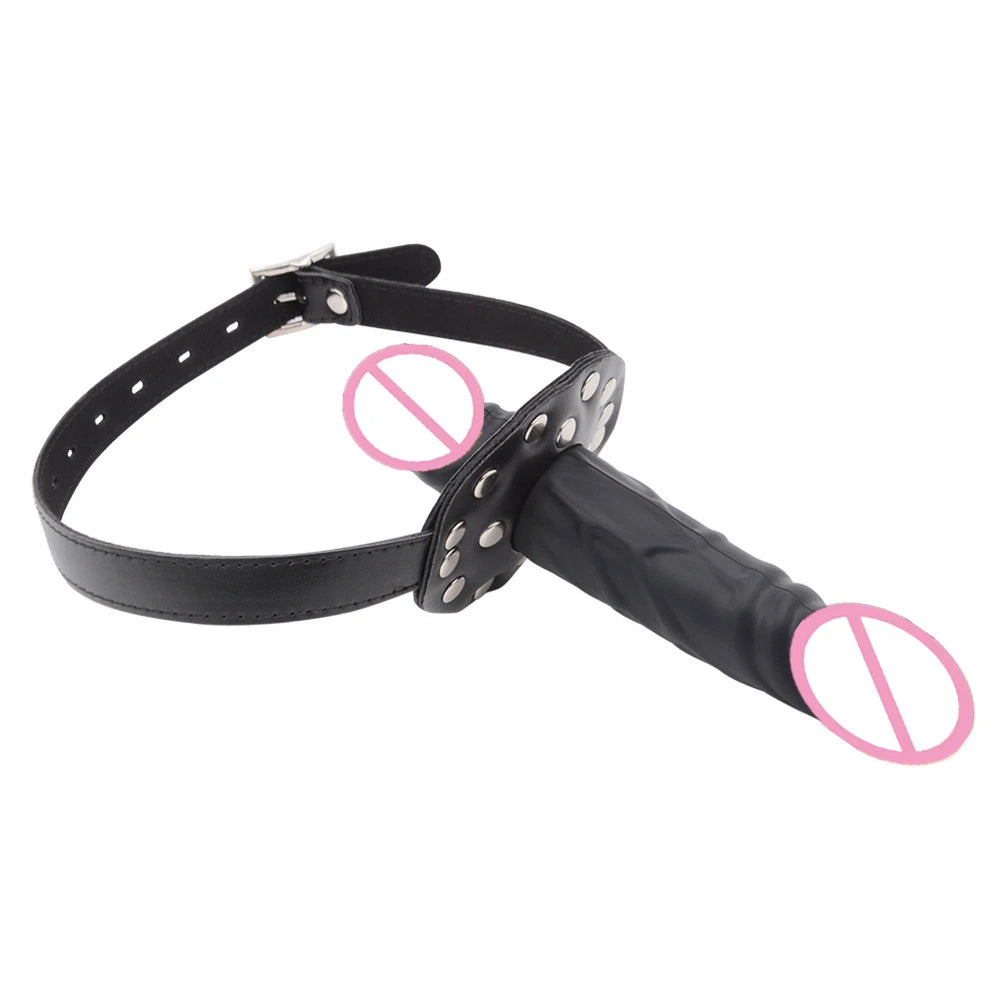 Black leather-look strap-on dildo mouth gag shown diagonally on a white background