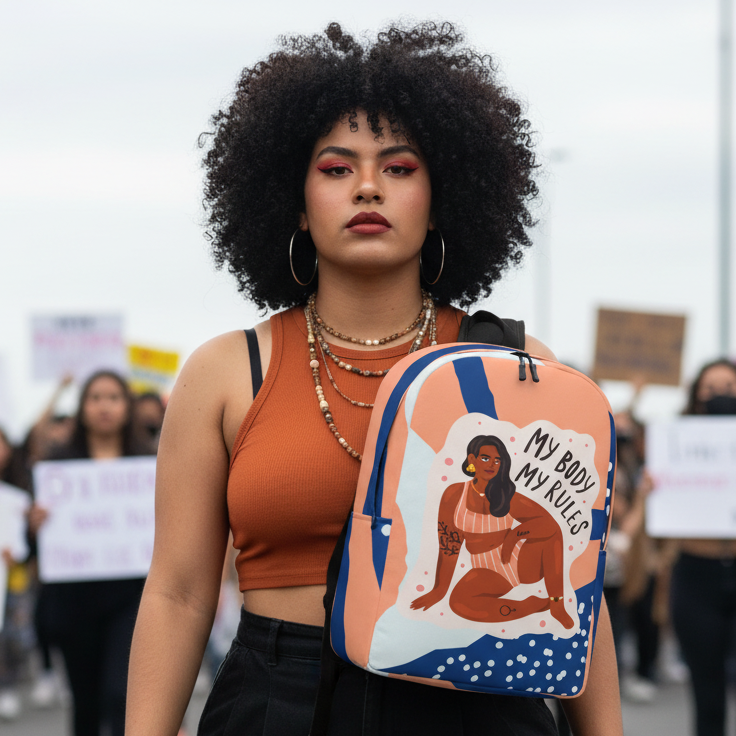 My Body My Rules Minimalist Backpack with illustrated person, carried by femme in rust crop top