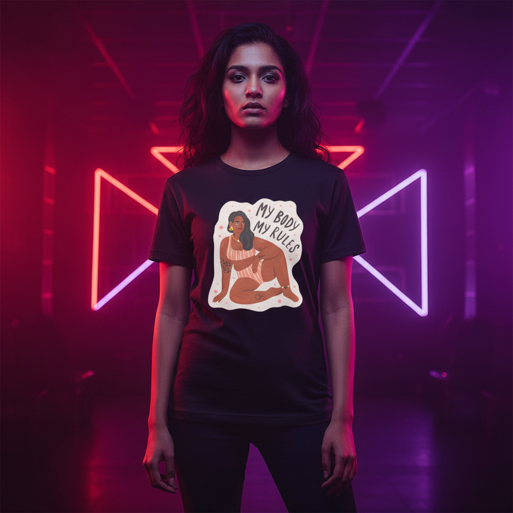 Unisex “MY BODY MY RULES” pride T-shirt with illustrated person, worn by a confident femme in a neon-lit