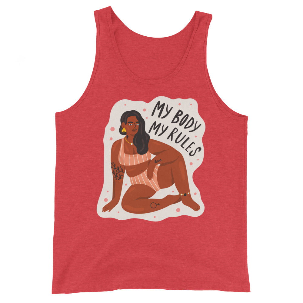 Unisex tank top with "MY BODY MY RULES," featuring a fierce person in stripes, yellow earrings, pink dot backdrop
