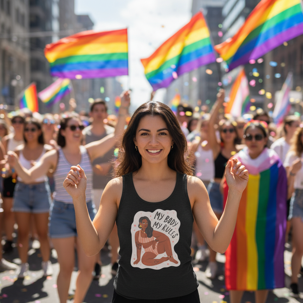 My Body My Rules Unisex Tank Top on smiling person at Pride; rainbow flags wave, confetti fills the street