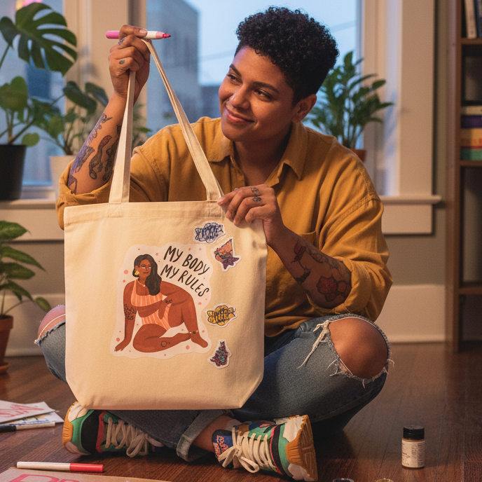 Person holds a canvas tote reading “My Body, My Rules,” with a seated figure and colorful stickers