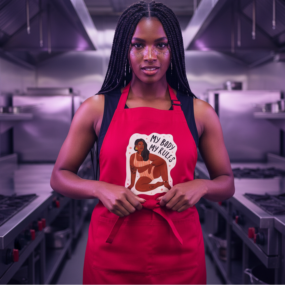 Person wearing a red apron with a “My Body My Rules” illustrated front design in a kitchen