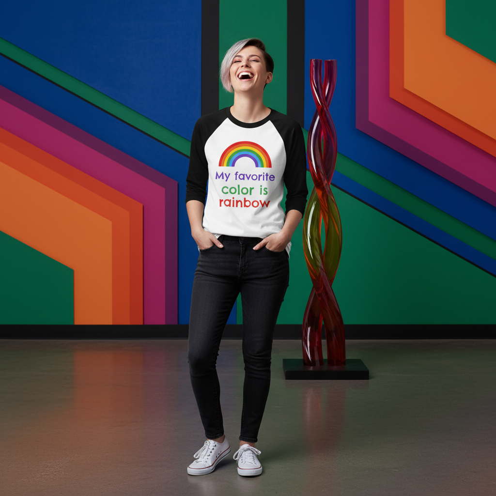 “My Favorite Colour Is Rainbow” 3/4 sleeve raglan shirt on a person with short, two-tone hair; dark jeans, sneakers