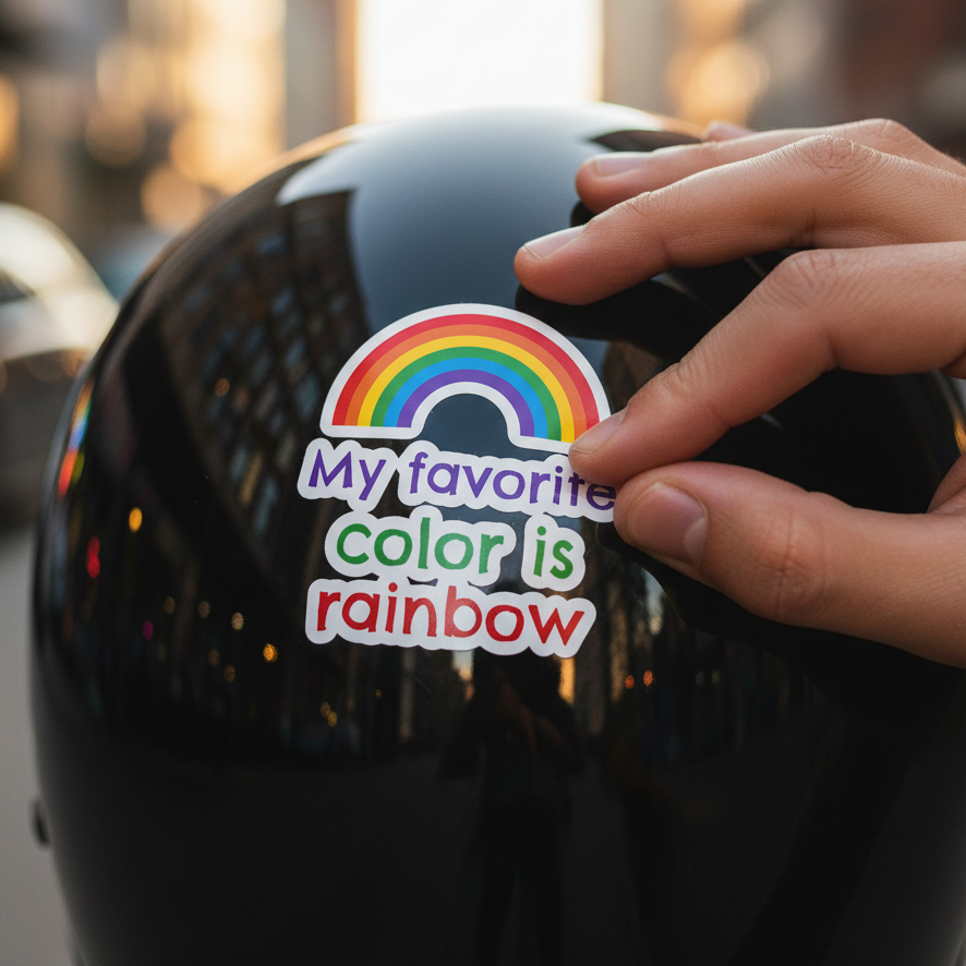 My Favourite Color Is Rainbow bubble-free sticker with a rainbow and bold slogan, pressed onto a glossy black helmet