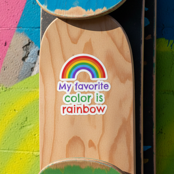 Bubble-free vinyl sticker reading "My Favorite Colour Is Rainbow" on a skateboard, rainbow over text in purple, green