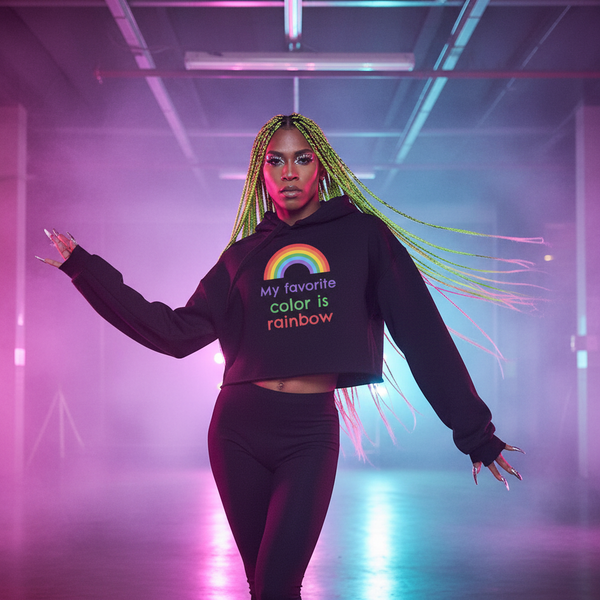 My Favourite Color Is Rainbow crop hoodie with bold rainbow graphic, black leggings, neon yellow-green braids