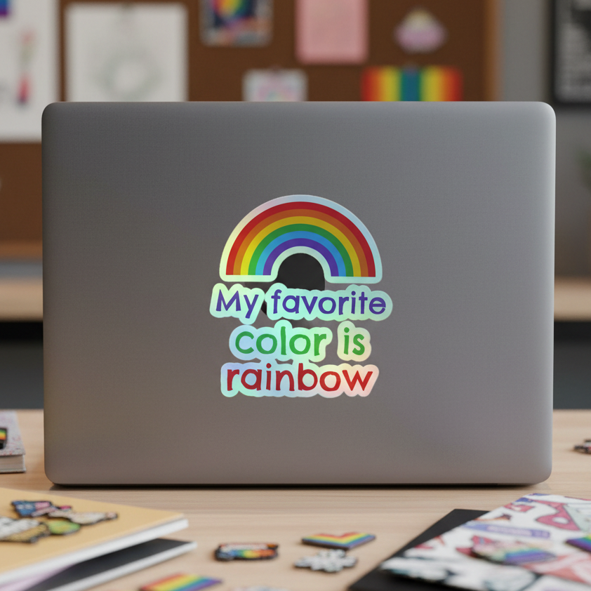 A gray laptop with the "My Favourite Color Is Rainbow Holographic Sticker" shows a rainbow