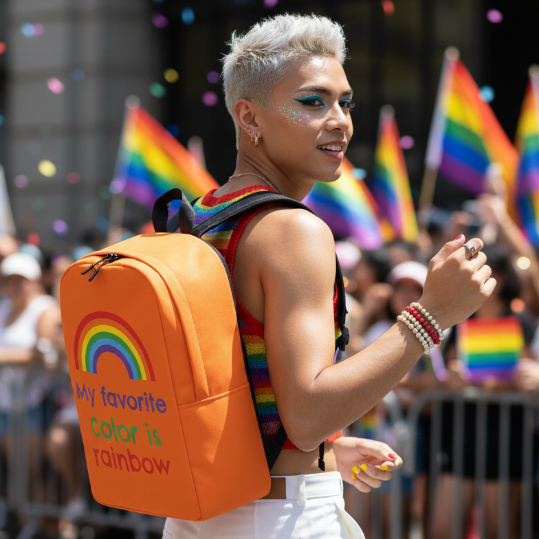 My Favorite Colour Is Rainbow Minimalist Backpack worn by a smiling person in a rainbow crop top at Pride