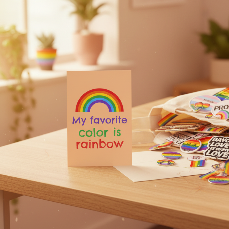 My Favourite Color Is Rainbow postcard with a rainbow graphic sits on a wooden desk